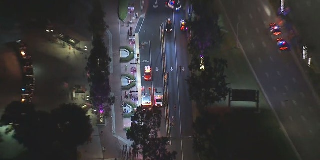 An aerial view outside the entrance to Knott's Berry Farm following the shooting.