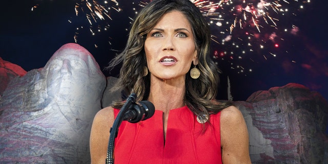 Kristi Noem, governor of South Dakota Governor, speaks during an event at Mount Rushmore National Memorial in Keystone, South Dakota, U.S., on Friday, July 3, 2020. The early Independence Day celebration, which will feature a speech by President Donald Trump, a military flyover and the first fireworks in more than a decade, is expected to include about 7,500 ticketed guests who won't be required to wear masks or socially distance despite a spike in U.S. coronavirus cases. Photographer: Al Drago/Bloomberg via Getty Images ________ Fireworks explode above the Mount Rushmore National Monument during an Independence Day event attended by the US president in Keystone, South Dakota, July 3, 2020. (Photo by SAUL LOEB / AFP) (Photo by SAUL LOEB/AFP via Getty Images)