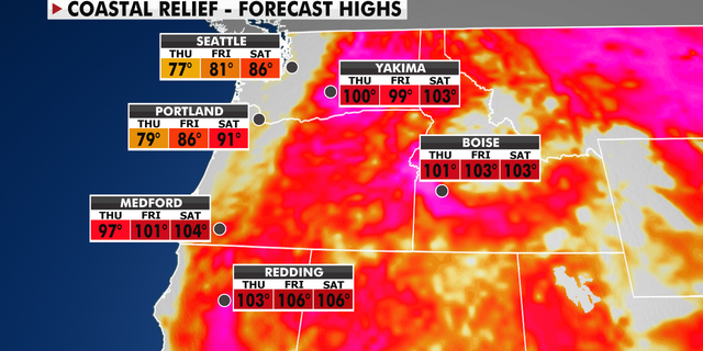 Forecast high temperatures in the West over the next few days .(Fox News)