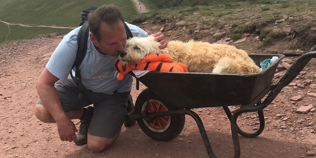 Carlos Fresco taking his dying pet dog Monty up his favorite mountain, Pen y Fan in the Brecon Beacons.