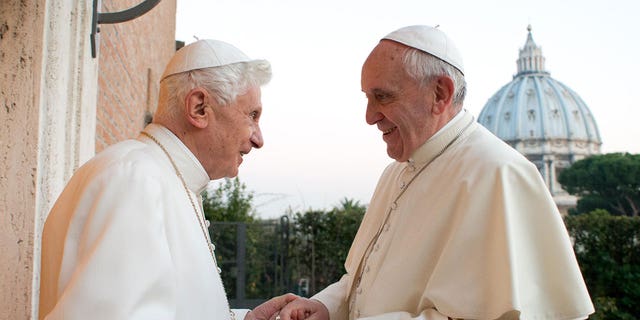 DECEMBER 23: Pope Francis meets former Pope Benedict XVI to exchange Christmas greetings at the Convent of the Mother Church, Benedict XVI's new residence on December 23, 2013, in Vatican City. 