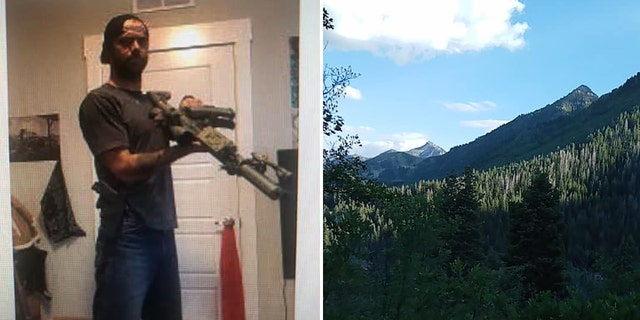 Everett, pictured left in an undated social media photo, holds what appears to be a rifle with a magazine. Authorities shared a photo, 对, of the approximate location near Provo Canyon where Everett was taken into custody on Friday.