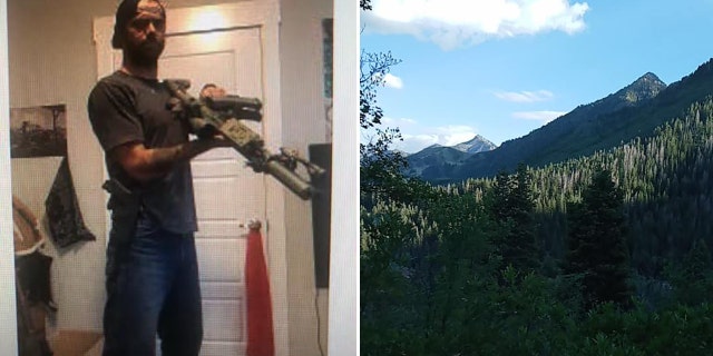 Everett, pictured left in an undated social media photo, holds what appears to be a rifle with a magazine. Authorities shared a photo, 对, of the approximate location near Provo Canyon where Everett was taken into custody on Friday.