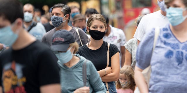 People in masks stand among a crowd waiting in line at The Metropolitan Museum of Art in August 2020 in New York City. 