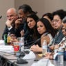 Members listen before Vice President Kamala Harris meets with Democrats from the Texas state legislature at the American Federation of Teachers on July 13.