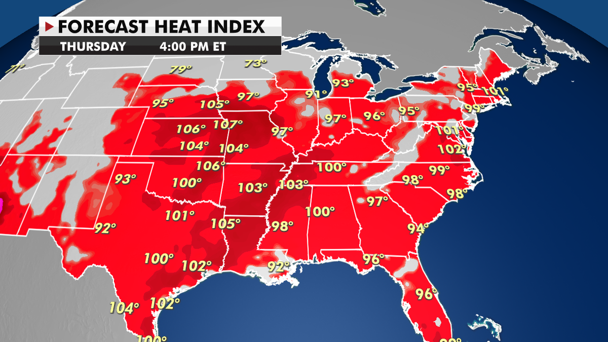 Forecast heat index temperatures for Thursday. 