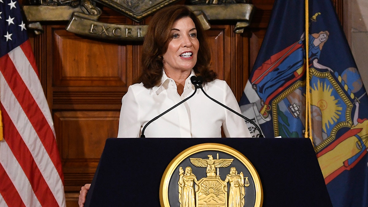 New York Gov. Kathy Hochul speaks to reporters after a ceremonial swearing-in ceremony at the state Capitol, Tuesday, Aug. 24, 2021, in Albany, N.Y. 