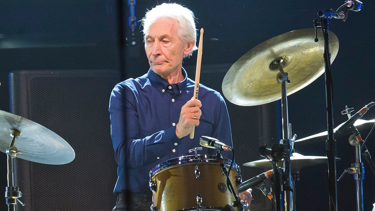 Charlie Watts, of the Rolling Stones, performs in Nanterre, outside Paris, Oct. 22, 2017. (Associated Press)