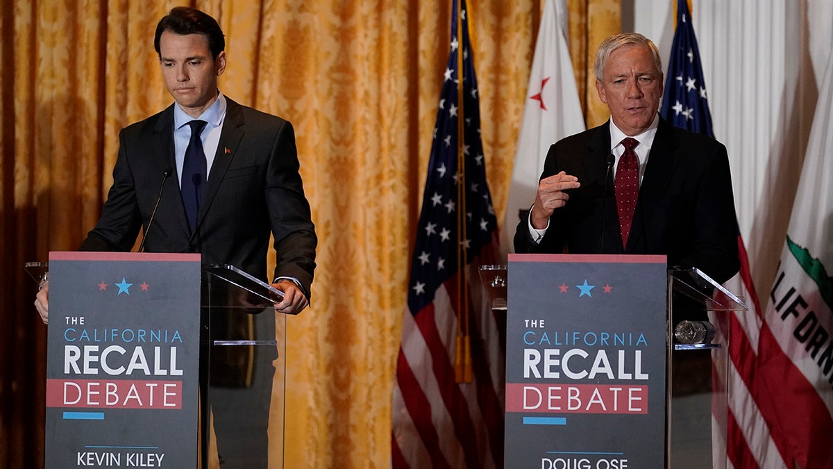 Republican candidates for California Governor Doug Ose, right, and Kevin Kiley participate in a debate at the Richard Nixon Presidential Library Wednesday, Aug. 4, 2021, in Yorba Linda, Calif. California Gov. Gavin Newsom faces a Sept. 14 recall election that could remove him from office. (AP Photo/Marcio Jose Sanchez)