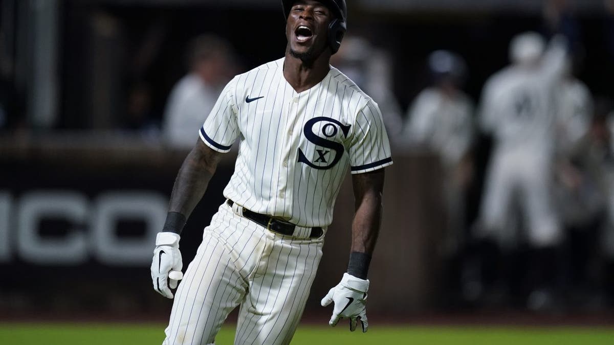 Chicago White Sox shortstop Tim Anderson (7) celebrates his walk-off home run against the New York Yankees in the ninth inning during a baseball game, Thursday, Aug. 12, 2021 in Dyersville, Iowa. (AP Photo/Charlie Neibergall)