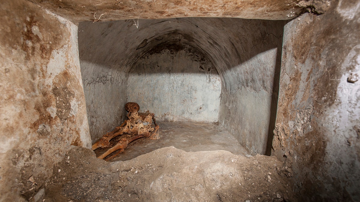 In this undated photo released by the Pompeii archeological park, a view of the tomb located in the necropolis of Porta Sarno, in an area not yet open to the public in the east of Pompeii’s urban center.