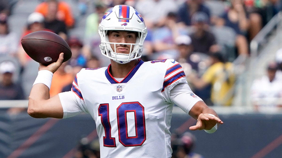 Buffalo Bills quarterback Mitchell Trubisky passes during the first half of an NFL preseason football game against the Chicago Bears Saturday, Aug. 21, 2021, in Chicago.