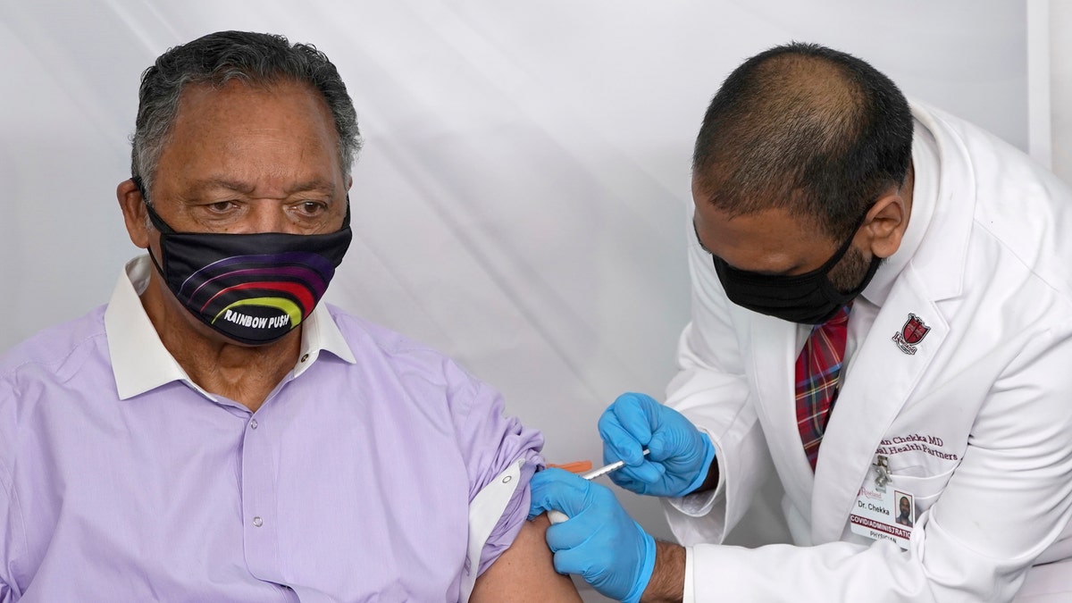 Rev. Jesse Jackson receiving the Pfizer/BioNTech COVID-19 vaccine this past January in Chicago.