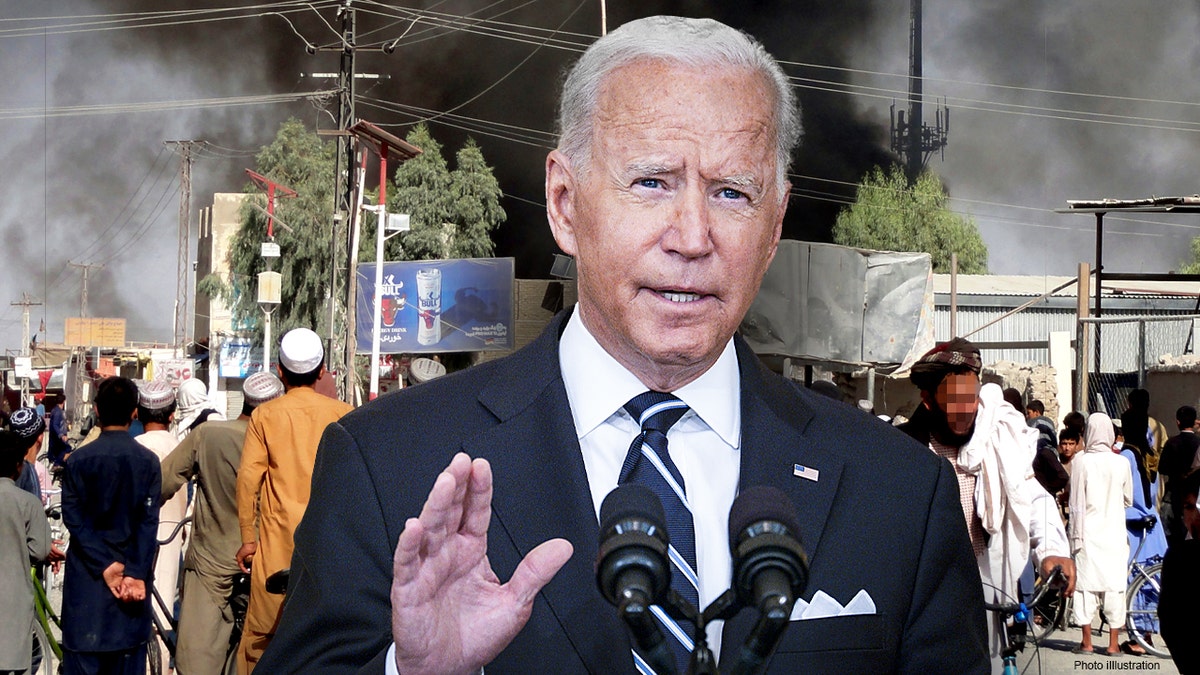 U.S. President Joe Biden speaking juxtaposed with smoke rising after fighting between the Taliban and Afghan security personnel in the city of Kandahar, southwest of Kabul, Afghanistan, Thursday, Aug. 12, 2021. 