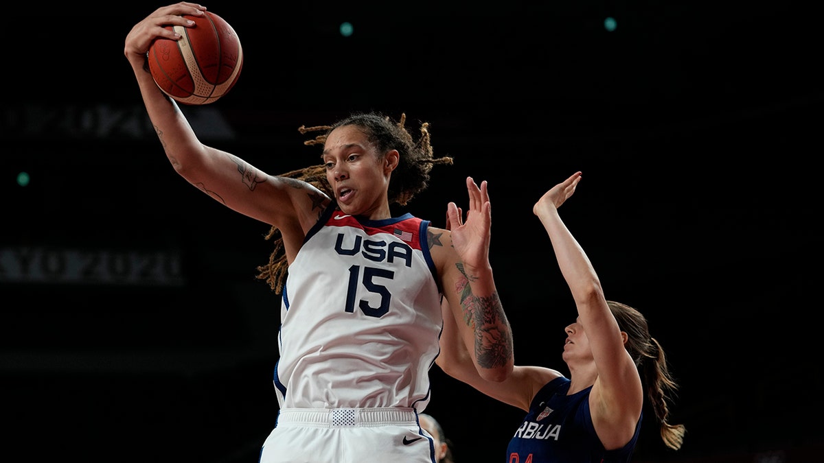 United States' Brittney Griner grabs a rebound at the 2020 Summer Olympics, Friday, Aug. 6, 2021, in Saitama, Japan. (AP Photo/Eric Gay)