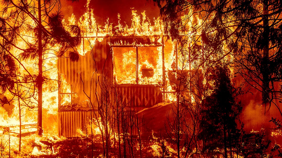 Flames consume a home on Highway 89 as the Dixie Fire tears through the Greenville community of Plumas County, Calif., on Wednesday, Aug. 4, 2021. The fire leveled multiple historic buildings and dozens of homes in central Greenville. (AP Photo/Noah Berger)