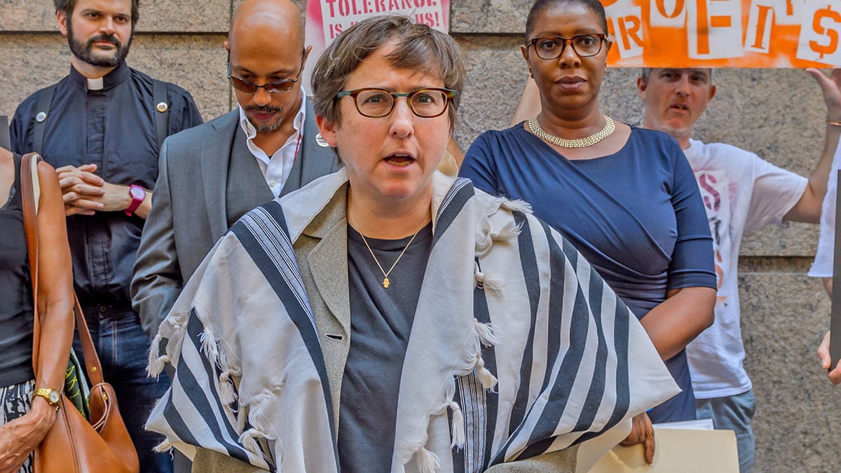 OMNI BERKSHIRE PLACE HOTEL, NEW YORK, UNITED STATES - 2016/09/13: Rabbi Sharon Kleinbaum, Congregation Beth Simchat Torah - Today GAG NY, NYAGV, NAN, Judson Church, CBST, MCC NY, NYC PA , and Public Advocate Tish James held a press conference in front of the Onmi Berkshire Place Hotel condemning the appearance of Smith & Wesson CEO James Debney at the 2016 Best Ideas Conference. Religious leaders, activists, elected officials, and gun reform leaders all spoke about the dangerous and deadly culture of gun violence we are living in as well as the direct and deadly relationship between private equity investment (Black Rock) in gun manufacturers (Smith & Wesson). THE GUN BUSINESS IS KILLING AMERICA.