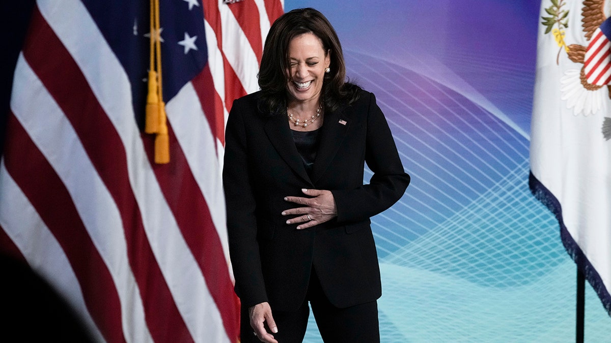 WASHINGTON, DC - JUNE 3: U.S. Vice President Kamala Harris laughs after answering a question from the press after speaking during an event on high-speed internet access in the South Court Auditorium at the White House complex on June 3, 2021 in Washington, DC. (Photo by Drew Angerer/Getty Images)