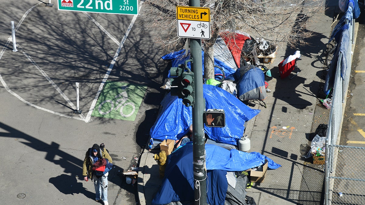 A homeless camping site is seen near the corner of 22nd and Stout streets in Denver, March 5, 2021. (Getty Images)