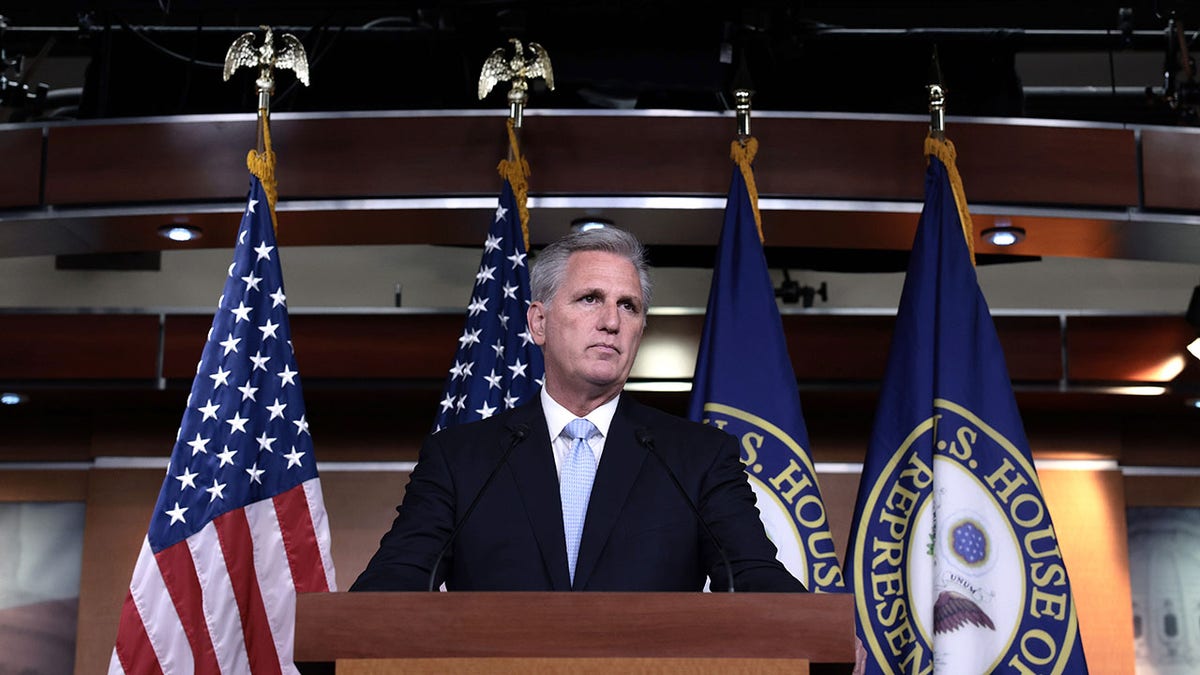 House Minority Leader Kevin McCarthy, R-Calif., speaks at a press conference at the Capitol building on Aug. 27, 2021, in Washington, D.C. 