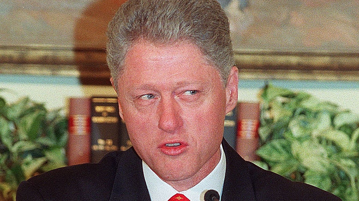 Then-President Bill Clinton addresses reporters Jan. 26, 1998, regarding allegations of an affair with former White House intern Monica Lewinsky. (Getty Images)