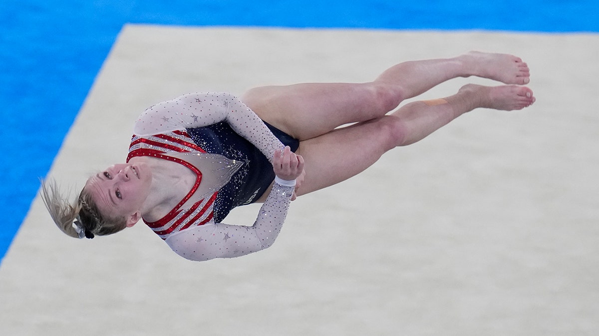Jade Carey, of the United States, performs on the floor during the artistic gymnastics women's apparatus final at the 2020 Summer Olympics