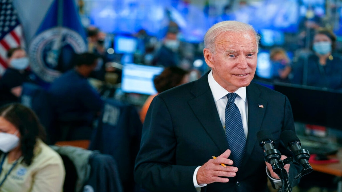 President Joe Biden speaks at the National Response Coordination Center at FEMA headquarters, Sunday, Aug. 29, 2021, in Washington. Hurricane Ida blasted ashore Sunday as one of the most powerful storms ever to hit the U.S.