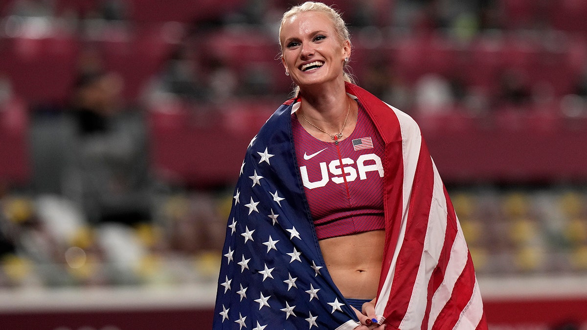 Gold medalist Ryan Crouser, celebrates after winning the final of the women's pole vault at the 2020 Summer Olympics