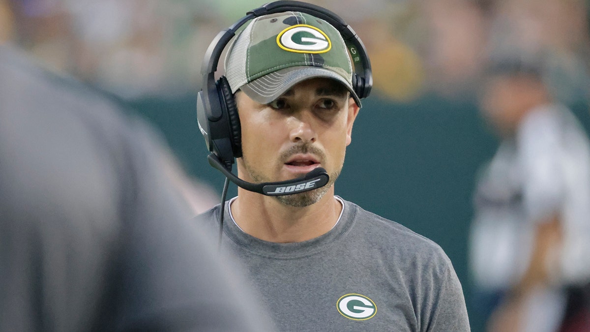 Green Bay Packers head coach Matt LaFleur on the sidelines during the first half of a preseason NFL football game against the Houston Texans Saturday, Aug. 14, 2021, in Green Bay, Wisconsin.
