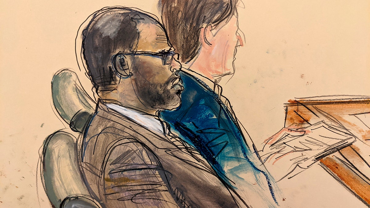 In this courtroom artist's sketch made from a video screen monitor of a Brooklyn courtroom, defendant R. Kelly, left, listens during the opening day of his trial, Wednesday, Aug. 18, 2021 in New York.