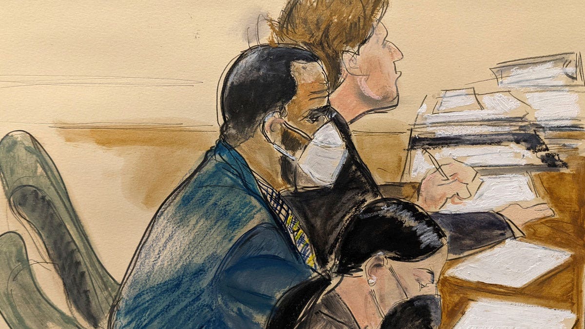 In this courtroom artist's sketch R. Kelly, left, listens during his trial in New York, Thursday, Aug. 26, 2021. The 54-year-old Kelly has repeatedly denied accusations that he preyed on several alleged victims during a 30-year career highlighted by his mega hit 'I Believe I Can Fly.'