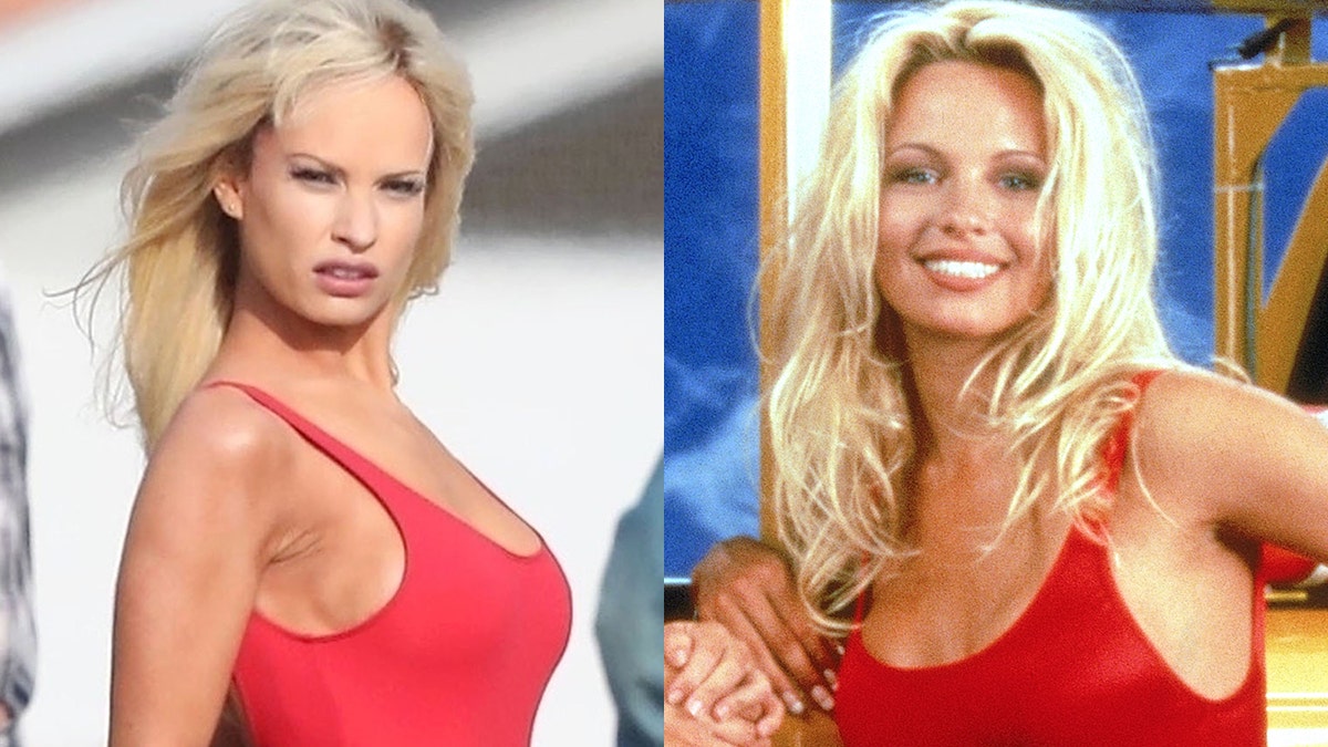 Lily James (L) as Pamela Anderon (R) donning her iconic red swimsuit from "Baywatch."