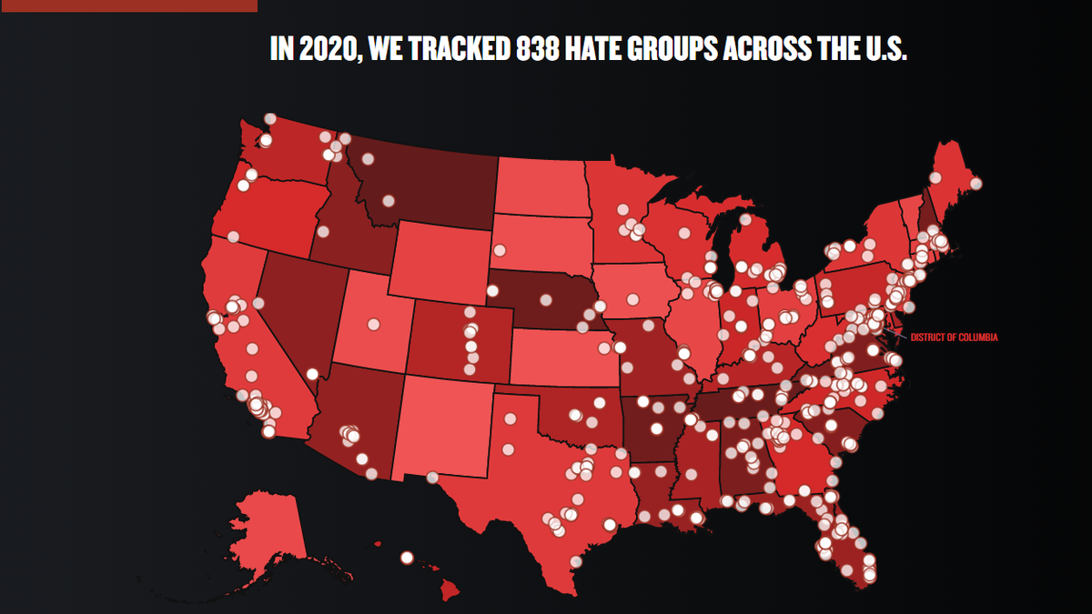 The Southern Poverty Law Center's 2020 map of "hate groups."