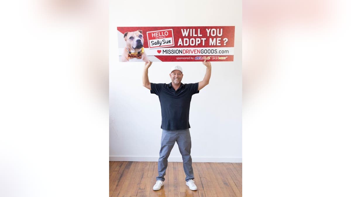 Scott Poore and his company Mission Driven teamed up with Celsius Tannery to buy billboard space for shelter animals in need. The first billboard campaign features a photo of an 11-year-old pit bull mix named Sally and says, "Hello. My name is Sally Sue. Will you adopt me?"