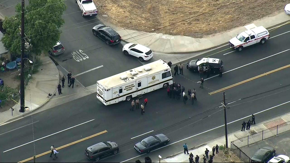 The scene of Wednesday's shootout in California. (FOX 11 of Los Angeles)