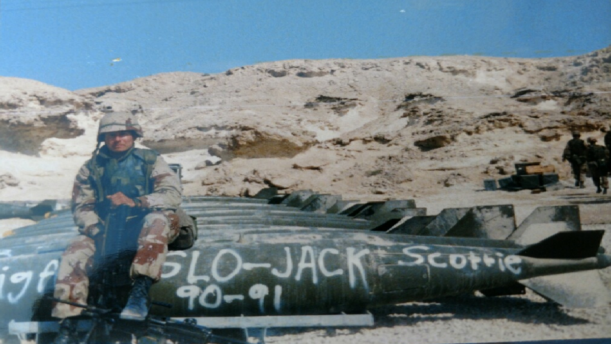 Marines Lance Cpl. Scott Stump is pictured here at Al Sheikh Isa Air Base in Bahrain in February 1991. (Courtesy Scott Stump)