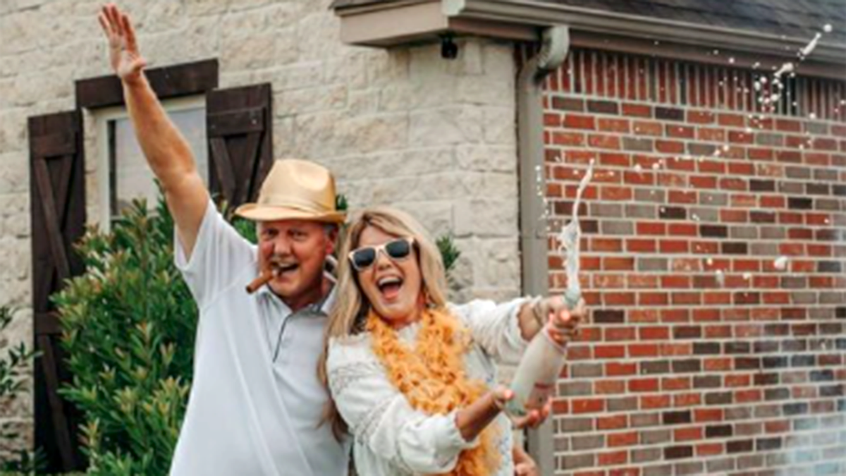 Texas-based Mitch and Betsy Henslee (above) are celebrating being empty nesters – with a hilarious photoshoot honoring their parenting milestone.