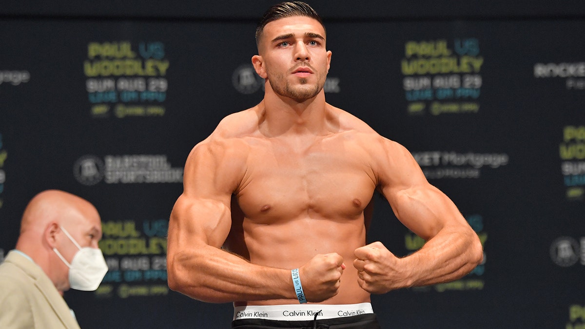 Tommy Fury poses during the weigh in event at the State Theater prior to his Aug. 29 fight against Anthony Taylor on Aug. 28, 2021 in Cleveland, Ohio.