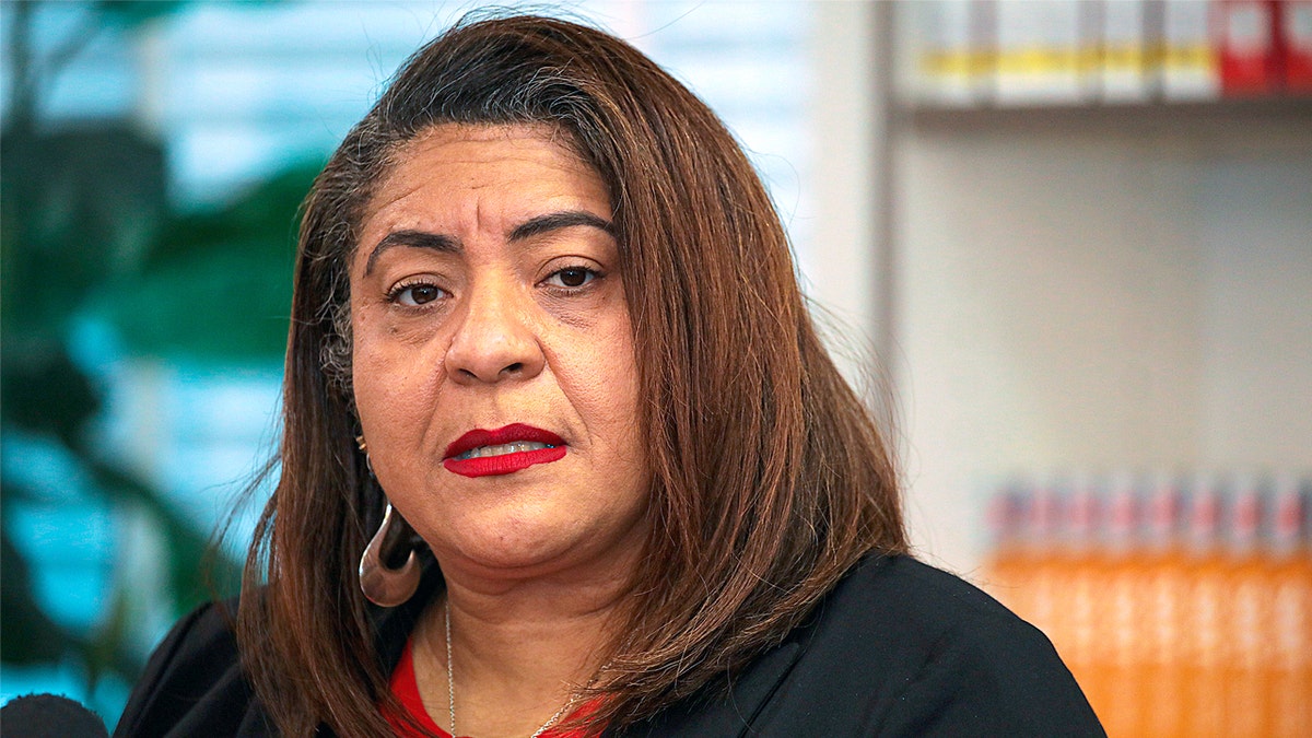 UTLA President Cecily Myart-Cruz at a press conference at Panorama High School on Wednesday, March 10, 2021 in Panorama City, CA. Irfan Khan / Los Angeles Times via Getty Images