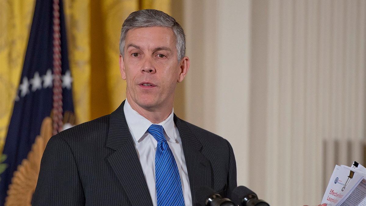 Former U.S. Education Secretary Arne Duncan speaks prior to former President Barack Obama making remarks in the East Room of the White House in Washington, D.C, in 2014. (Photo by Ron Sachs/Pool/ABACAPRESS.COM)