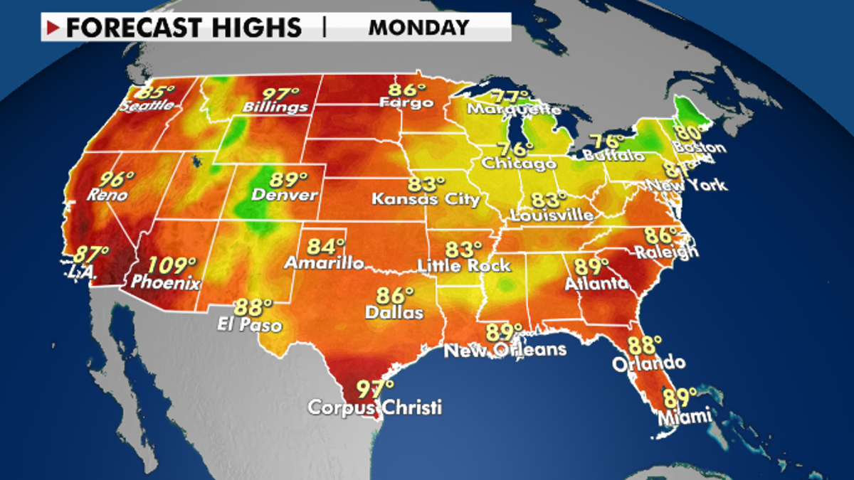 Forecast high temperatures for Monday, Aug. 2. (Fox News)