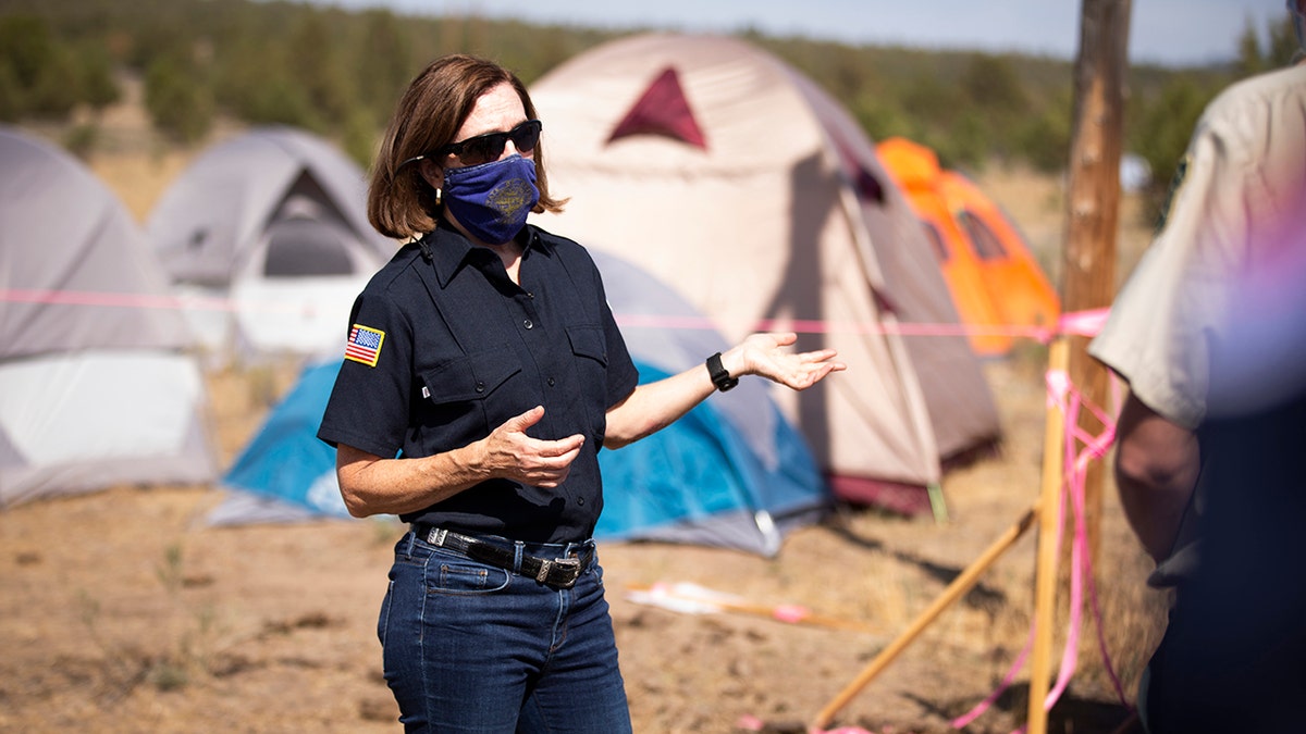 Oregon Gov. Kate Brown visits the Bly Fire Camp on the southern edge of the Bootleg Fire in Klamath County, Oregon, Wednesday, June 28, 2021. 