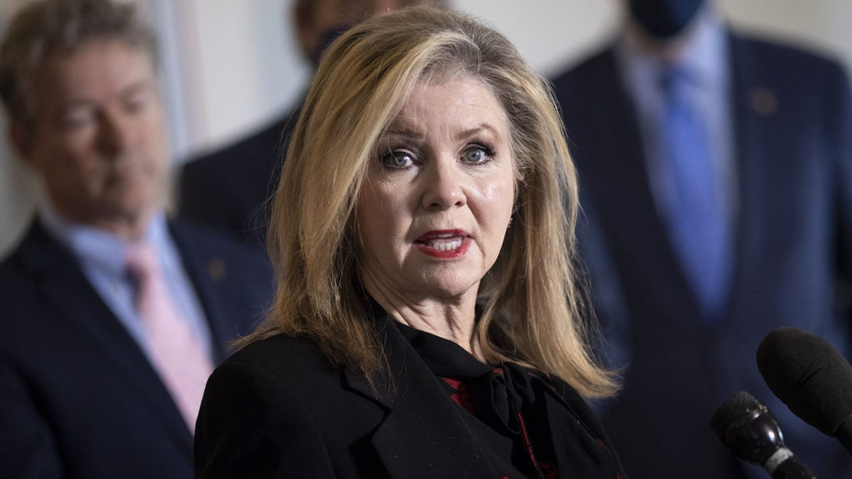 Sen. Marsha Blackburn, a Republican from Tennessee, speaks during a news conference at the U.S. Capitol in Washington, D.C., on Thursday, March 4, 2021.