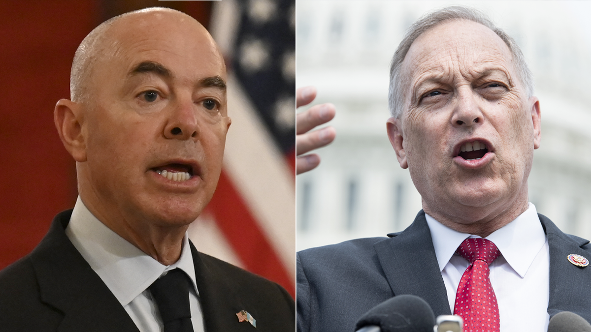 Secretary of Homeland Security Alejandro Mayorkas, left, and Rep. Andy Biggs, R-Ariz., right.