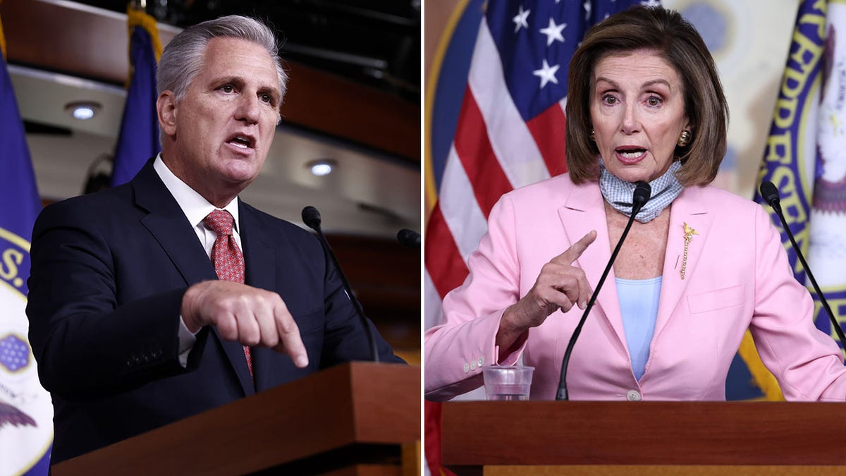 Kevin McCarthy in a split image illustration with Speaker Pelosi