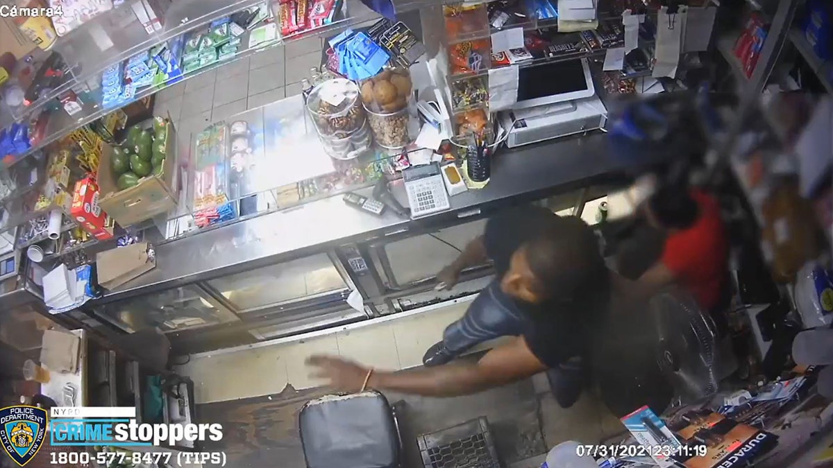 New York City police released video that shows a gun fight erupting in front of a Manhattan grocery store Saturday night that left three innocent bystanders wounded.