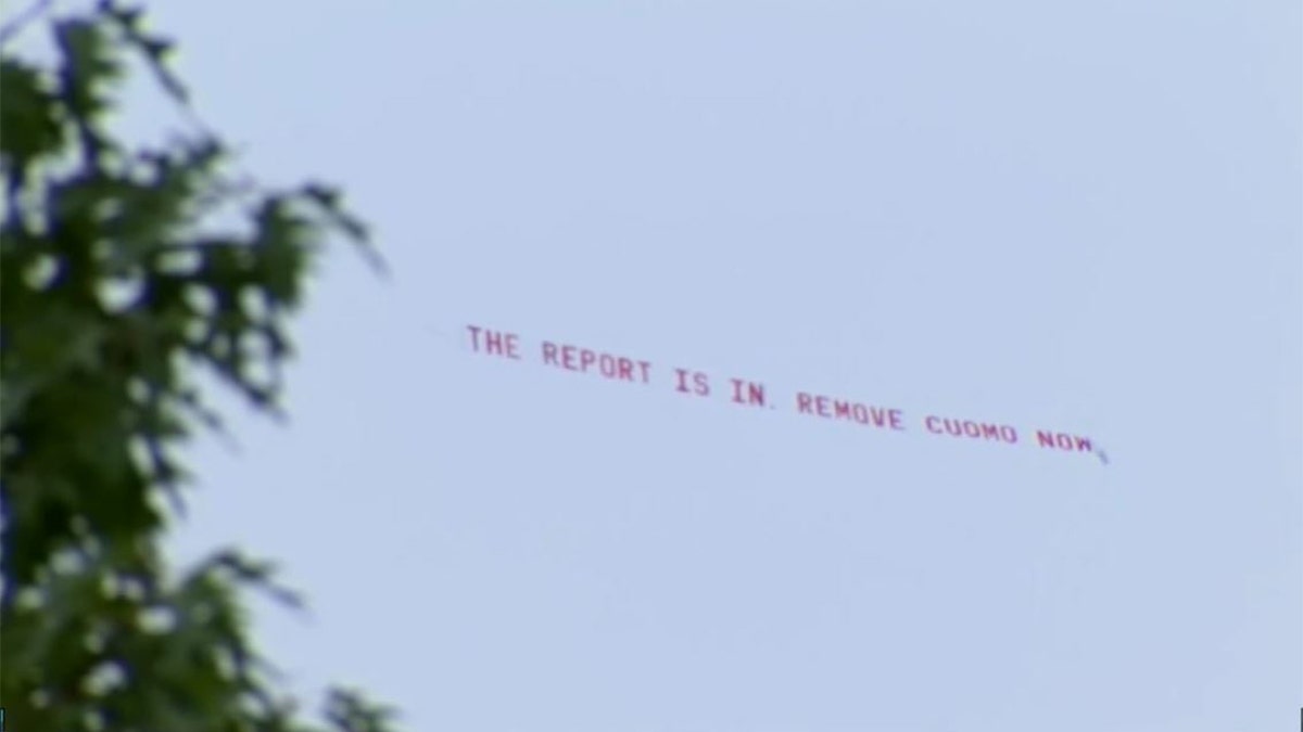A "remove Cuomo now" banner flies above the New York governor's mansion Wednesday, Aug. 4, 2021. (Photo: Fox News)