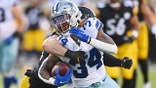 Aug 5, 2021; Canton, Ohio, USA; Pittsburgh Steelers linebacker Robert Spillane (41) tackles Dallas Cowboys running back Rico Dowdle (34) during the first quarter at Tom Benson Hall of Fame Stadium. Mandatory Credit: Ken Blaze-USA TODAY Sports