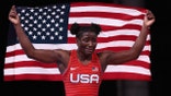 USA's Tamyra Marianna Stock Mensah celebrates her gold medal victory against Nigeria's Blessing Oborududu in their women's freestyle 68kg wrestling final match during the Tokyo 2020 Olympic Games at the Makuhari Messe in Tokyo on August 3, 2021. (Photo by Jack GUEZ / AFP) (Photo by JACK GUEZ/AFP via Getty Images)