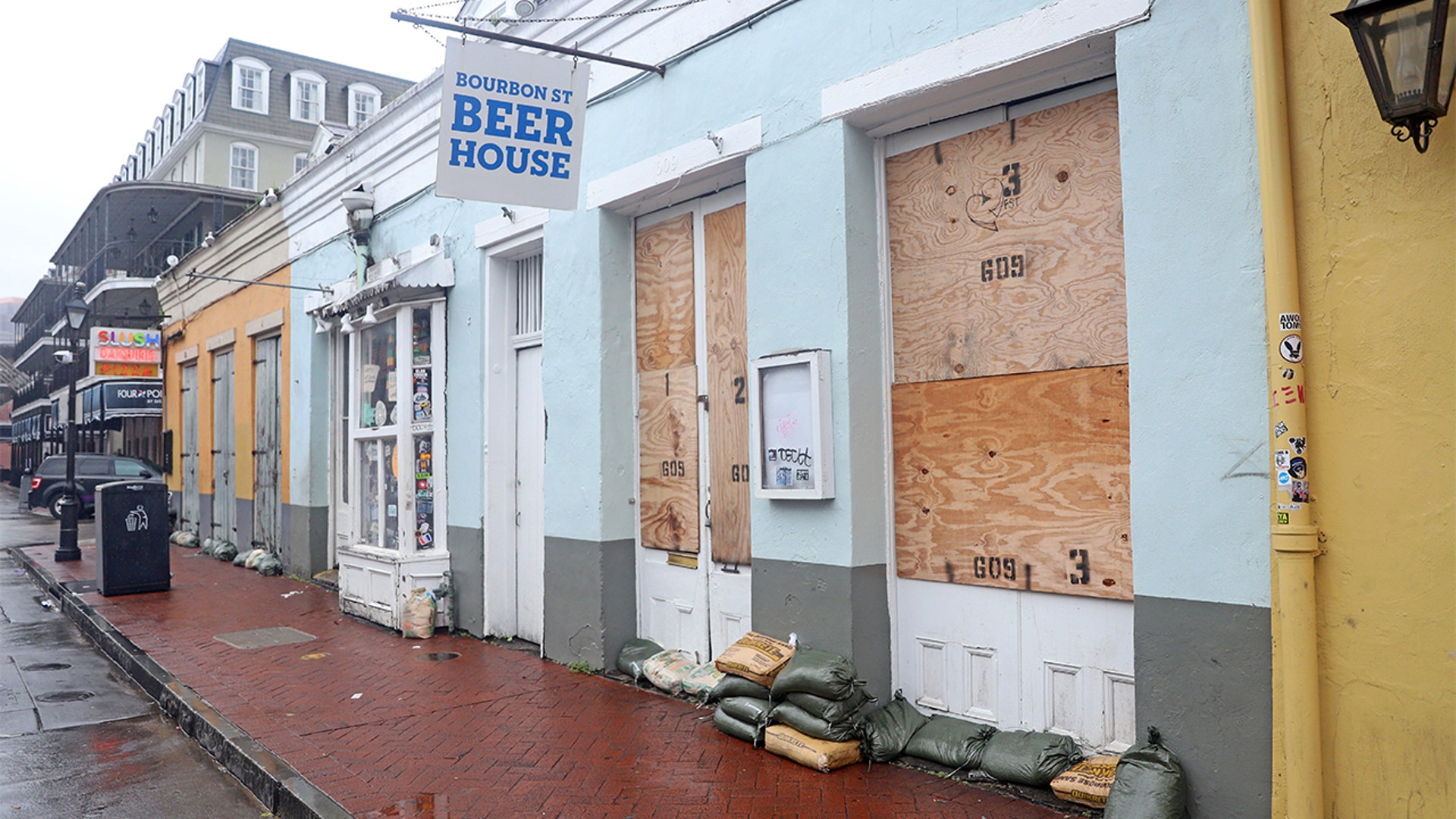 Businesses on Bourbon Street are boarded up and sandbagged as the effects of Hurricane Ida begin to be felt in New Orleans on Sunday, Aug. 29, 2021.Nolaidasun14